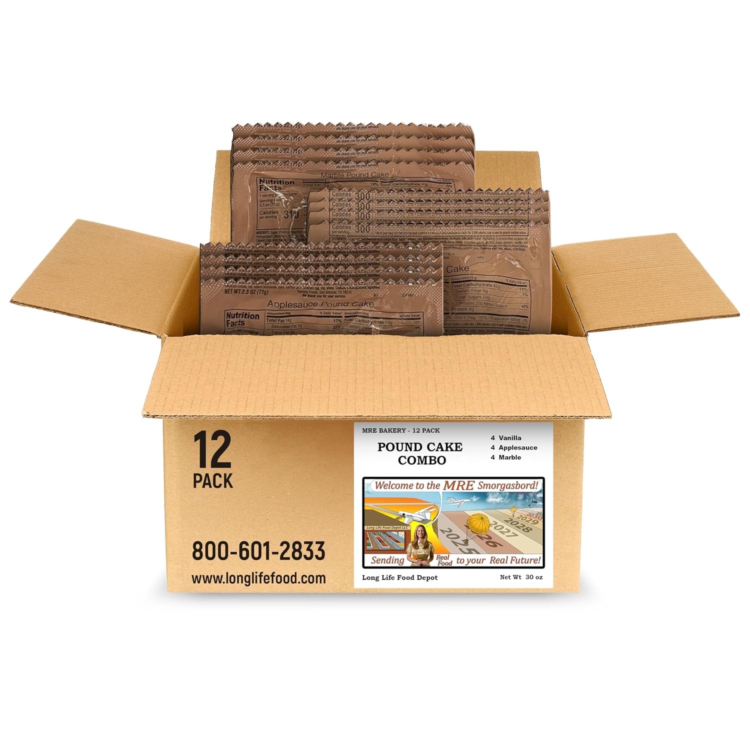 Long Life Food Depot 12-pack pound cakes in vanilla, applesauce, and marble flavors