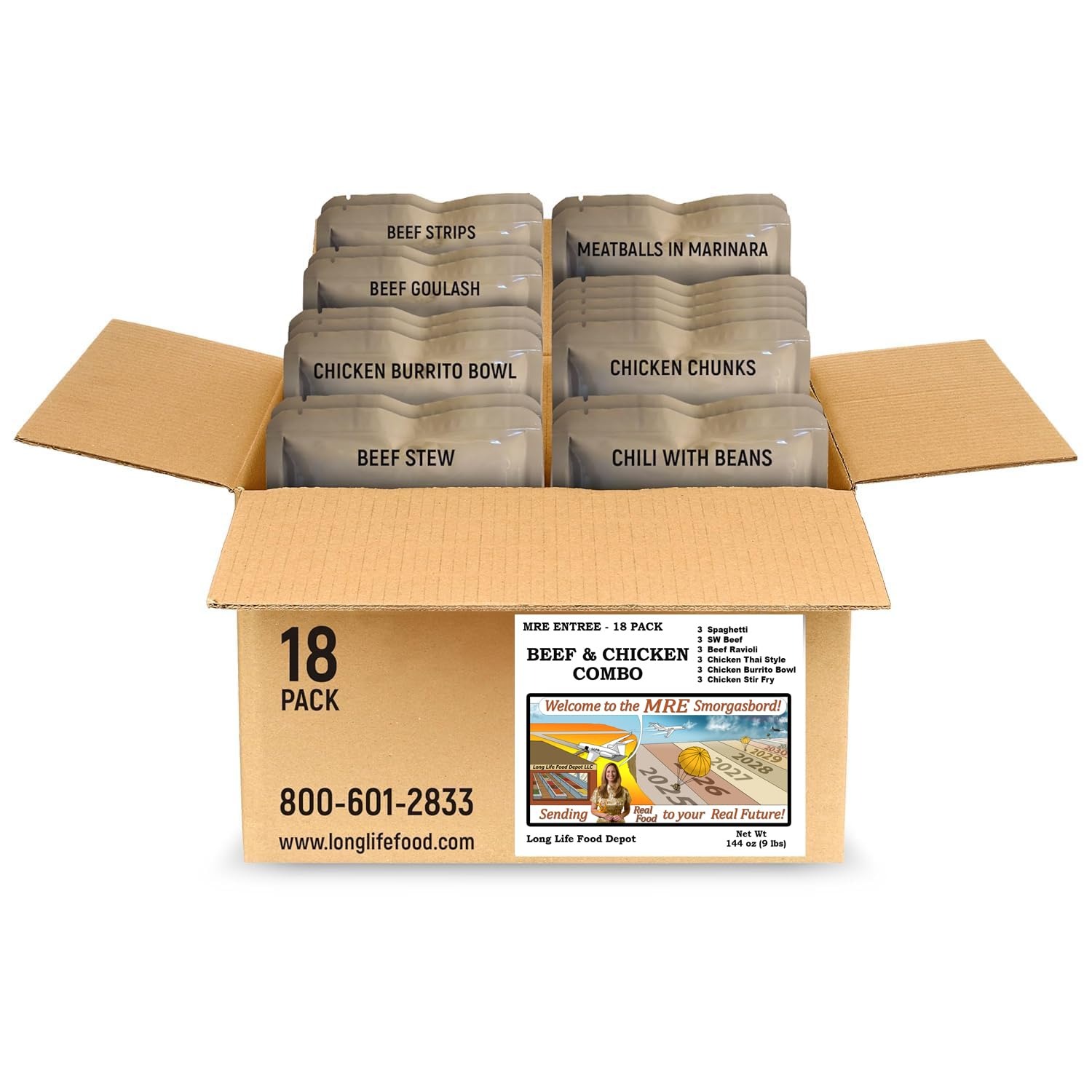 Long Life Food Depot 18-pack beef and chicken MRE entree assortment